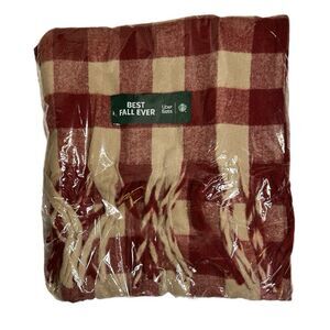 Scarf Uber Eats x Starbucks Red Beige Best Fall Ever Fringe Buffalo Plaid B2